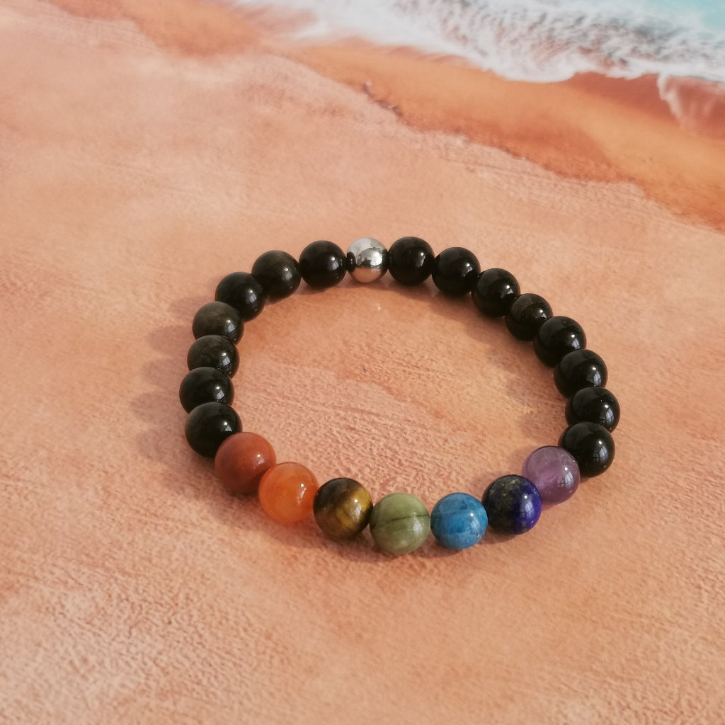 bracelet 7 chakras avec obsidienne dorée. perles de 8 mm. Bijou artisanal français.